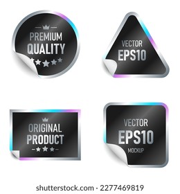 Set of black holographic stickers of different shapes isolated on white background. Templates of colored paper tags, emblems, labels. Vector illustration.