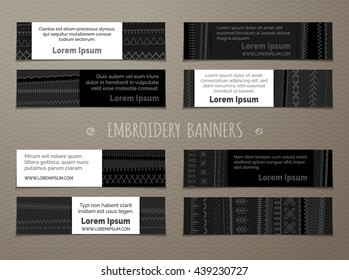 Set of black horizontal embroidery banners. Vector high detailed dark stitches on black background. There is place for your text on white paper or black background.