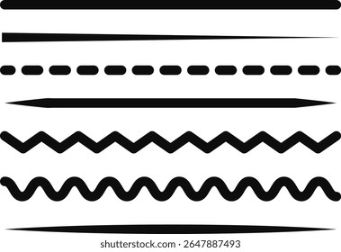 Conjunto de linhas horizontais pretas em diferentes estilos, incluindo tracejado, ziguezague, ondulado e linhas retas no fundo branco