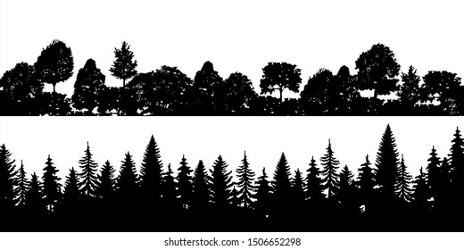 Set of black horizontal silhouettes coniferous treetops forest pine, spruce, cedar . Coniferous spruce panorama. Park of evergreen wood. Vector on white background EPS