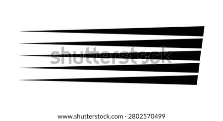 A set of black horizontal speed lines and motion stripes designed for graphic projects. These sharp tapered shapes represent movement, energy, and velocity in design.