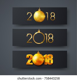 Set of black horizontal web banners with golden text and Christmas balls. New Year's background.