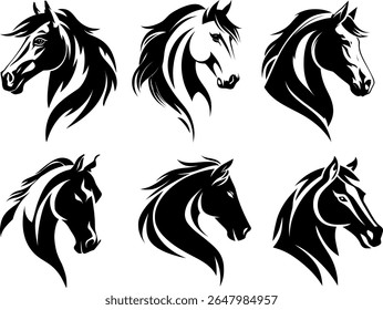 Set of black horse icons on white background, minimal silhouette illustrations representing strength, freedom, motion and elegant animal design

