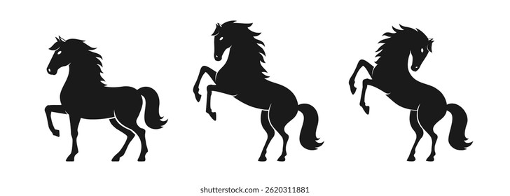 Set of black horse silhouettes. Elegant and dynamic vector illustrations showcasing various horse poses and movements. Perfect for logos, posters, or decorative design elements.