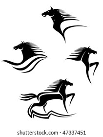 Set of black horses symbols for design isolated on white, such as emblem or logo template