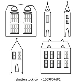 Conjunto de edificios de casas negras y contorno de la torre sobre fondo blanco. Ilustración vectorial de contorno blanco. El concepto de arquitectura. Diseño conceptual. Icono del vector.