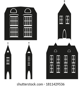 Conjunto de edificios de casas negras y contorno de la torre sobre fondo blanco. Ilustración vectorial de contorno blanco. El concepto de arquitectura. Diseño conceptual. Icono del vector.