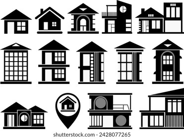 Set of black house designs isolated on white background.