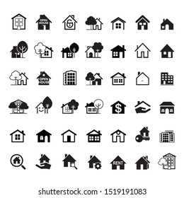 Set of black house icons. Buildings line icons. Vector Illustration and logo design.