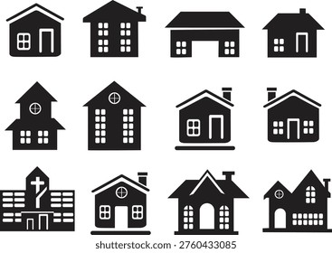 Set of black house icons on white