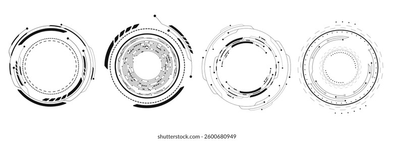 Set of black HUD circles with electronic elements on white background. Digital tech backdrop. Hi-tech futuristic round frames for AI design. Vector illustration. EPS 10