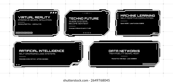 Set of black hud text box frames for data display. White grids on background with cross lines.