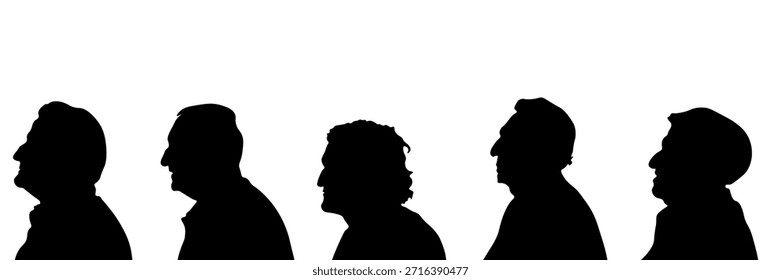Conjunto de siluetas negras de cabeza humana en vista lateral que representan a personas mayores y hombres mayores. Abuelos anónimos perfilan Formas en estilo minimalista. Perfecto para conceptos de envejecimiento, jubilación, generaciones familiares, psicología, sociedad, atención médica, temas sociales y etapas de la vida humana.