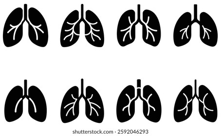 Set of Black Human Lungs Icons Silhouettes in Black on White Background
