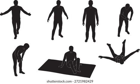 Set of black human silhouettes with dynamic poses for architectural rendering, scale figures of people standing, bending, and lying down for 3D visualization..eps