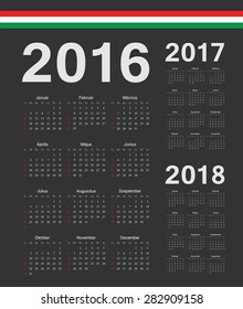 Set of black Hungarian 2016, 2017, 2018 year vector calendars. Week starts from Sunday.