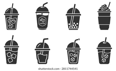 Set of black iced drink icons with cups straws ice cream and bubble tea vector illustration on transparent background