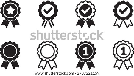 A set of black icon badges signifying achievement, quality assurance, excellence, success, first place, and important certification.