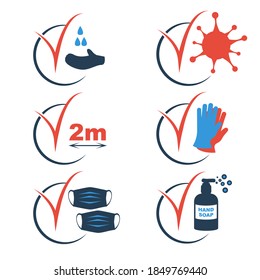 Set black icon checkmark protection and disinfection. Hand cleaning and disinfection symbol from bacteria and viruses. Black silhouette glyph design. Precaution icon. Coronavirus Prevention covid-19.