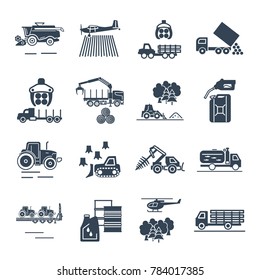 set of black icons agricultural machinery, equipment, farming, tractor, combine