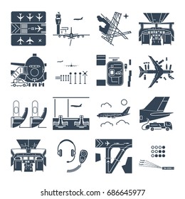 set of black icons airport and airplane, terminal, runway, cockpit