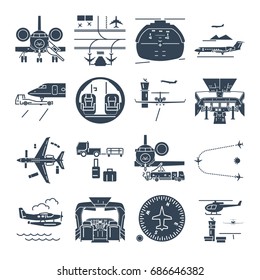 set of black icons airport and airplane, business jet