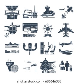 set of black icons airport and airplane, control tower, aircraft