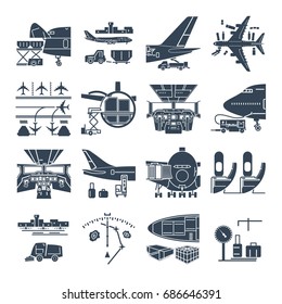 set of black icons airport and airplane, freight, cargo aircraft