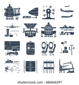 set of black icons airport and airplane, ground handling, plane  maintenance