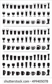 Set of black icons beer glass. Beer glasses, mugs silhouettes. Vector illustration