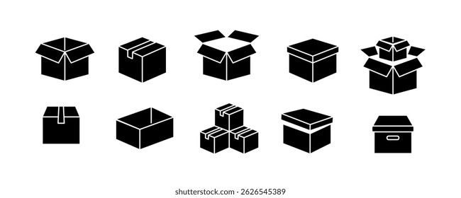 Set of black icons of boxes of different shapes. Cardboard packaging boxes for delivery. Vector illustration.