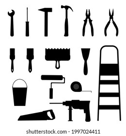 Set of black icons building tools. Repair, construction buildings. Drill, hammer, screwdriver, saw, roller, brush and pliers.