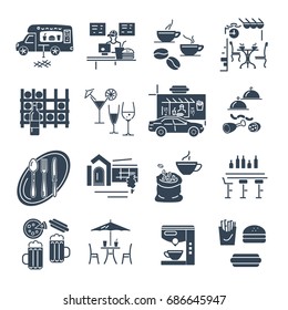 set of black icons cafe, bar, restaurant, fast food interior and exterior