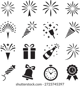 Conjunto de iconos negros para la celebración que incluyen fuegos artificiales, botella de champán, regalo envuelto y campana sobre un fondo blanco, perfecto para eventos festivos como fiestas de año nuevo y cumpleaños.