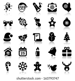 set of black icons for Christmas, isolated with reflection