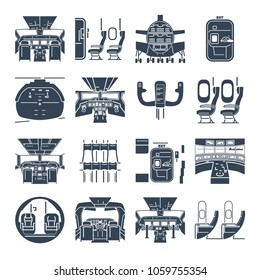 Set Of Black Icons Cockpit Airplane, Ship, Cabin Interior