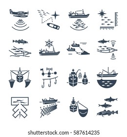 Set Of Black Icons Commercial Fishing Process