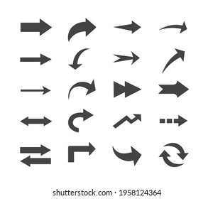 Set of black icons for creative and standard arrows. A variety of options and forms. Vector illustration. Arrow collection.