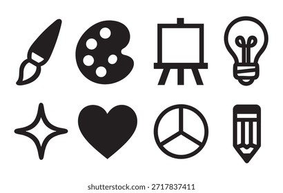 Set of Black Icons for Creativity and Art on White Background Keywords: art, creativity, icon