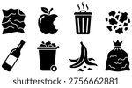 A set of black icons depicting various food waste and recyclable materials, including a banana peel, wine bottle, and trash cans, against a white background.