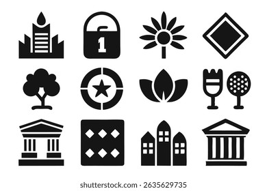 Set of black icons depicting various symbols and objects for digital design elements
