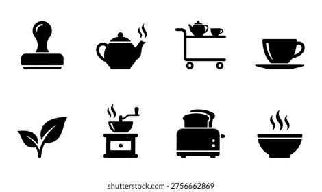 A set of black icons depicting various coffee and tea related objects, including a stamp, teapot, tea cart, coffee cup, plant, stove, toaster, and bowls, on a clean white background, ideal for use in marketing, advertising, and lifestyle designs