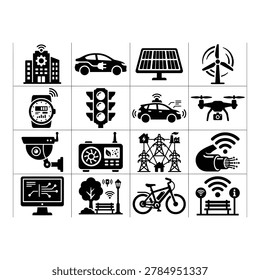 A set of black icons depicting various smart city technologies, including electric vehicles, renewable energy sources, and connected modern handheld screen, on a white background.