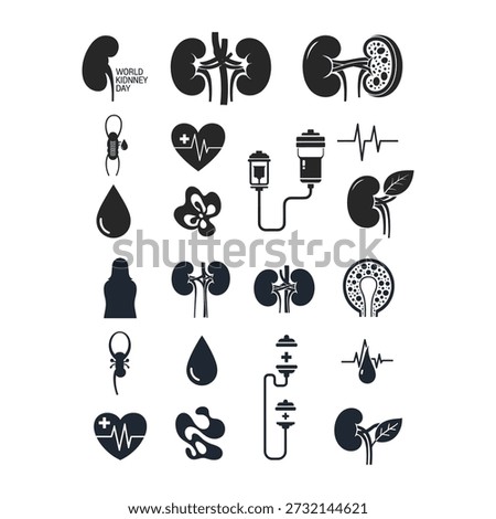 A set of black icons depicting various kidney and urinary system related symbols, including kidneys, urine droplets, and medical equipment, arranged in rows on a clean white background