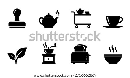 A set of black icons depicting various coffee and tea related objects, including a stamp, teapot, tea cart, coffee cup, plant, stove, toaster, and bowls, on a clean white background, ideal for use in marketing, advertising, and lifestyle designs
