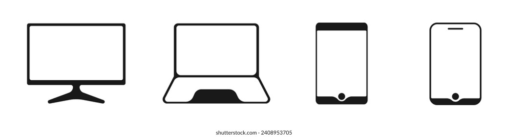 Conjunto de iconos negros de los dispositivos. Colección de iconos de monitor, portátil, tablet y teléfono. Pantalla del equipo. Iconos de dispositivos para el trabajo, juegos, comunicación. Ilustración vectorial.