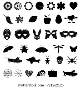 A set of black icons with different images. insects, holidays, symbols. for sites, tags, design. vector illustration