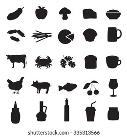 Set of black icons of different type of food and drinks