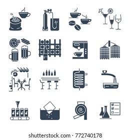 set of black icons drinks and beverages, coffee, alcohol