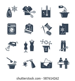 set of black icons dry cleaning and laundry service production process